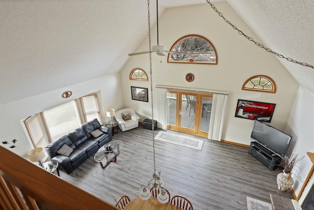 living room with dark hardwood / wood-style flooring, high vaulted ceiling, and a textured ceiling