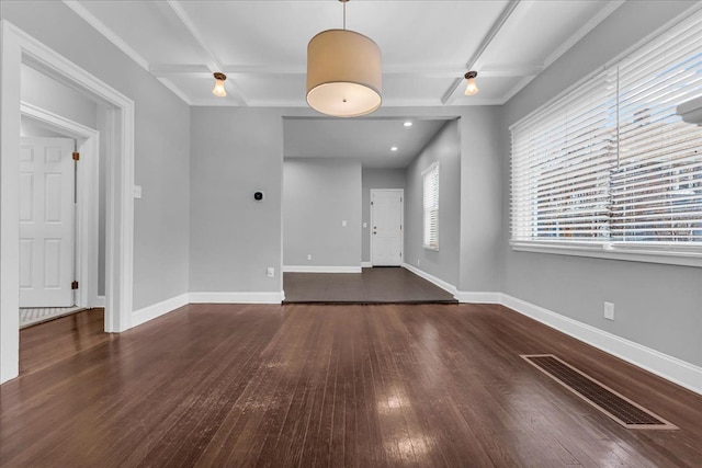 unfurnished living room featuring beamed ceiling, dark wood-type flooring, and coffered ceiling