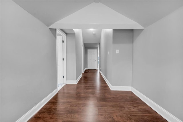 hallway featuring vaulted ceiling and dark hardwood / wood-style floors