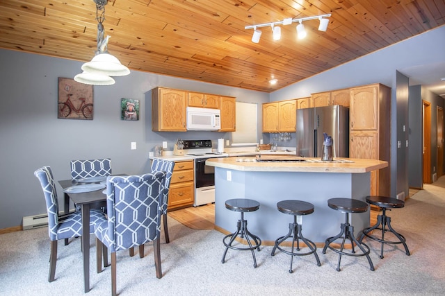 kitchen with a center island, lofted ceiling, white appliances, hanging light fixtures, and wood ceiling