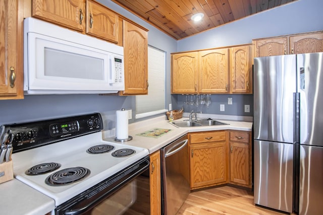 kitchen featuring sink, light hardwood / wood-style flooring, lofted ceiling, wood ceiling, and appliances with stainless steel finishes