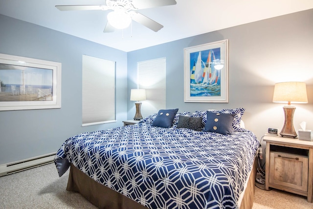 bedroom with ceiling fan, carpet floors, and baseboard heating