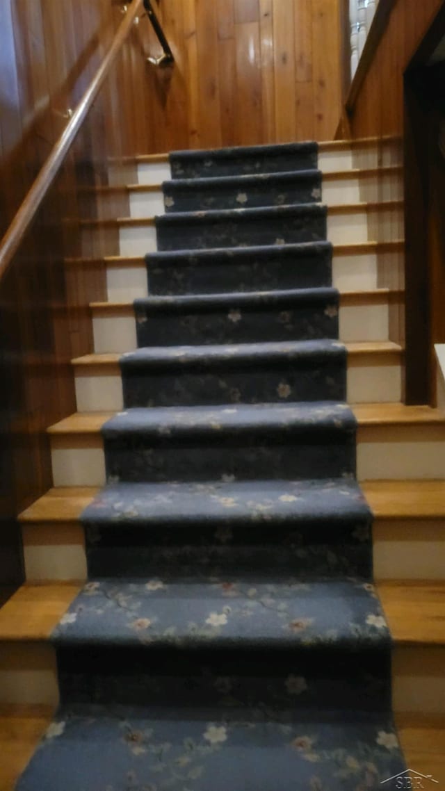 staircase featuring wooden walls