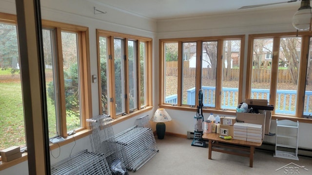 sunroom featuring a baseboard radiator and a healthy amount of sunlight