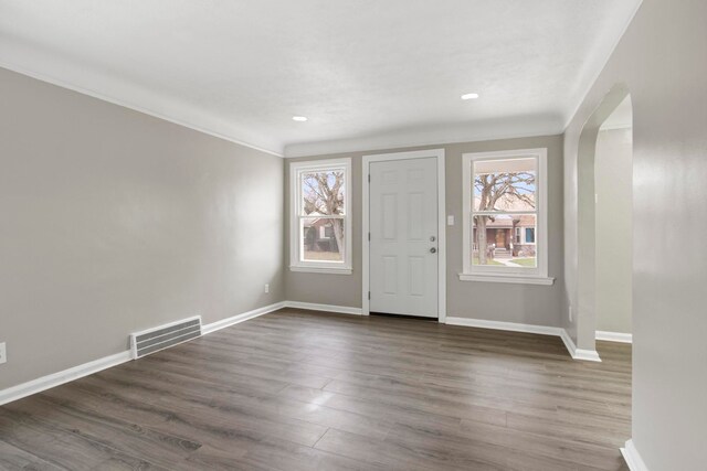 entrance foyer with plenty of natural light and dark hardwood / wood-style floors