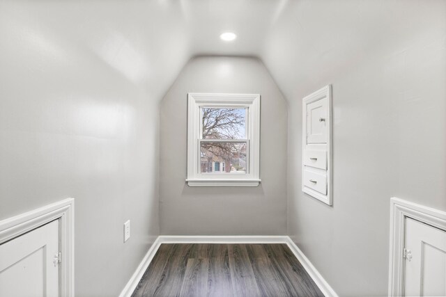 bonus room with lofted ceiling and dark wood-type flooring