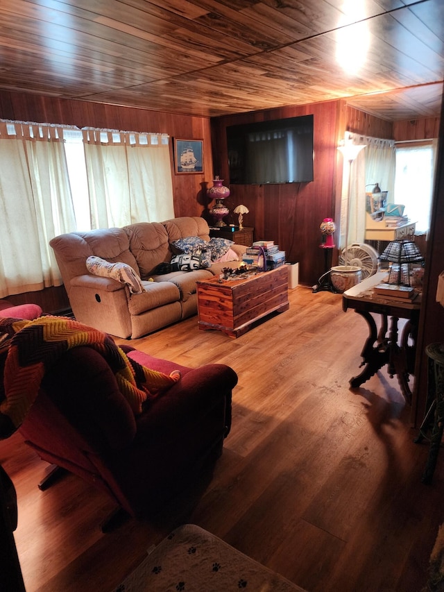 living room featuring wooden walls, a wealth of natural light, and wooden ceiling