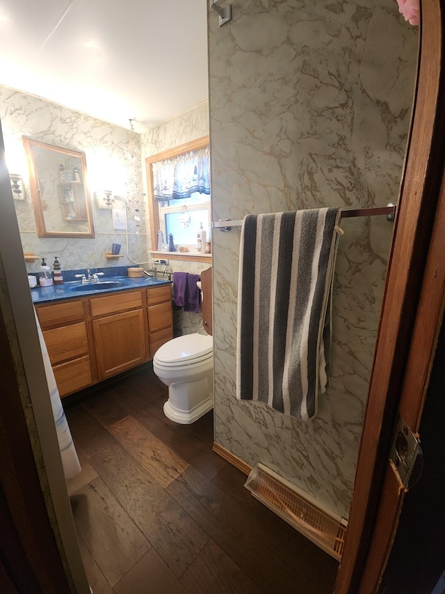 bathroom featuring vanity, hardwood / wood-style flooring, and toilet