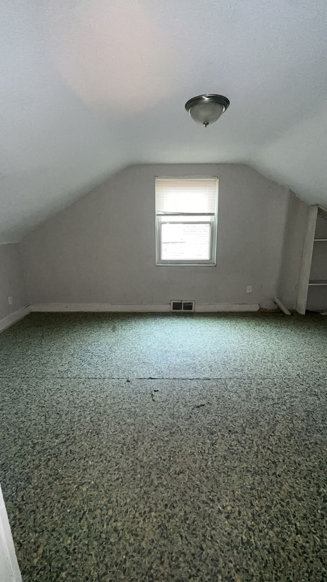 additional living space featuring carpet floors, vaulted ceiling, and a textured ceiling