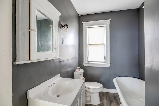 bathroom with wood-type flooring, vanity, toilet, and a bathing tub