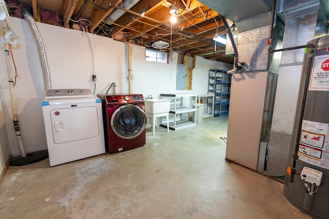 basement with separate washer and dryer, sink, electric panel, and water heater