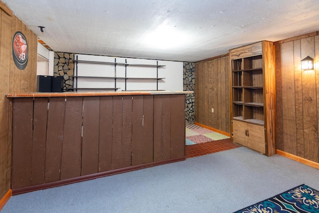 interior space featuring wooden walls, light colored carpet, and a textured ceiling