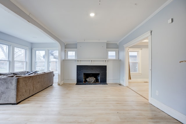 unfurnished living room with light wood-type flooring, a wealth of natural light, and ornamental molding