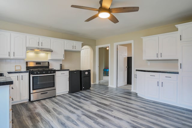 kitchen with ceiling fan, white cabinets, and stainless steel gas range