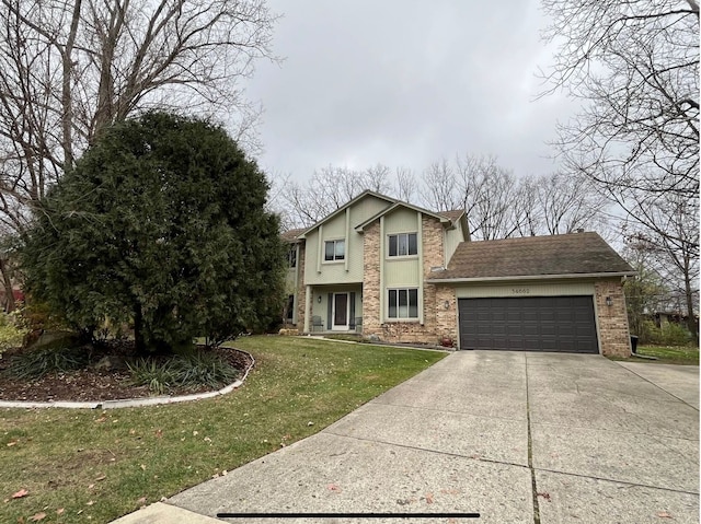 front facade with a garage and a front lawn