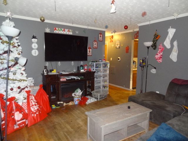 living room with wood-type flooring, a textured ceiling, and ornamental molding