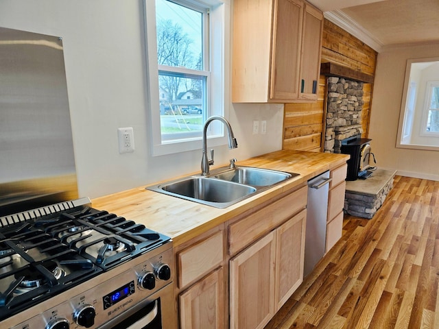 kitchen featuring butcher block countertops, a healthy amount of sunlight, sink, and stainless steel appliances