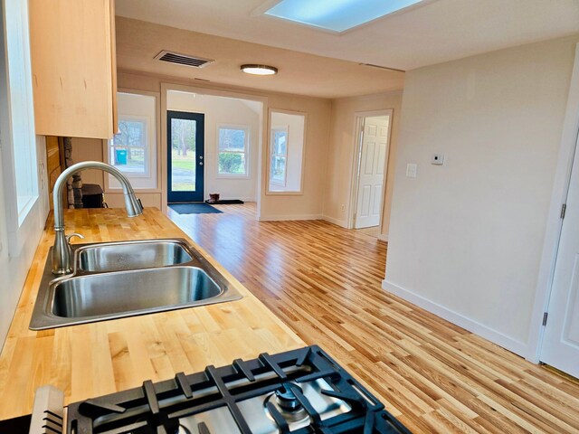 kitchen with hardwood / wood-style flooring, butcher block counters, and sink