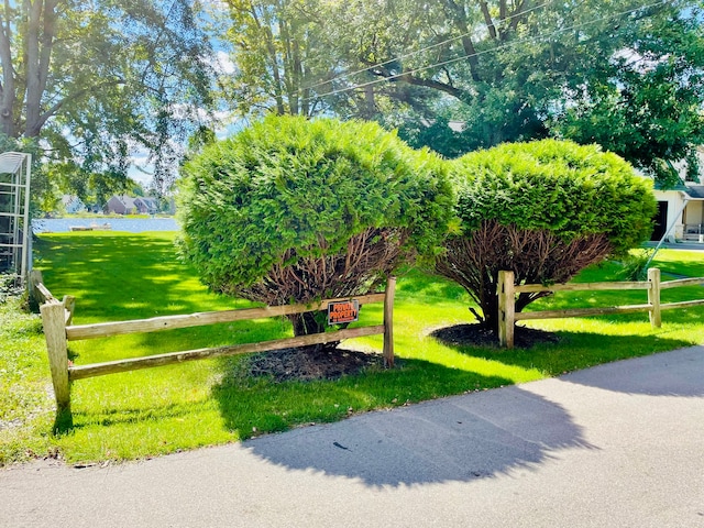 view of community featuring a lawn and a water view