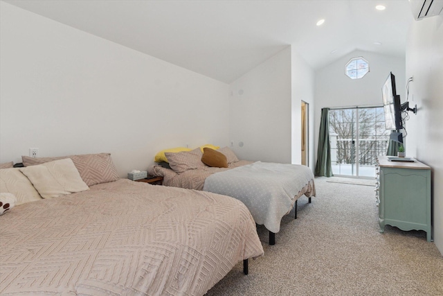 bedroom featuring lofted ceiling, an AC wall unit, access to exterior, and light colored carpet