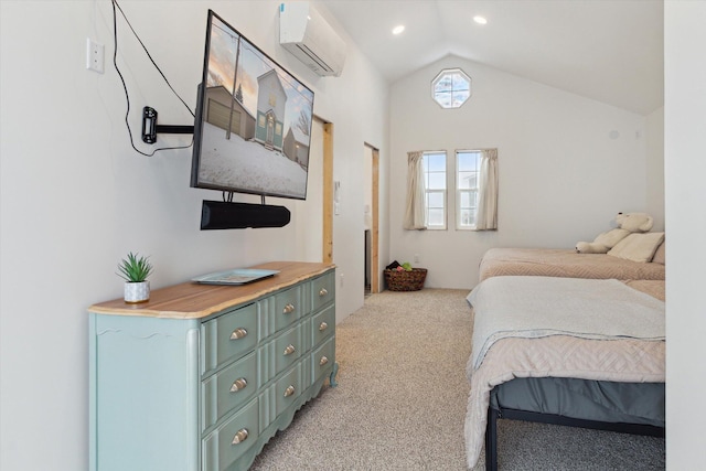 carpeted bedroom featuring vaulted ceiling and a wall mounted AC