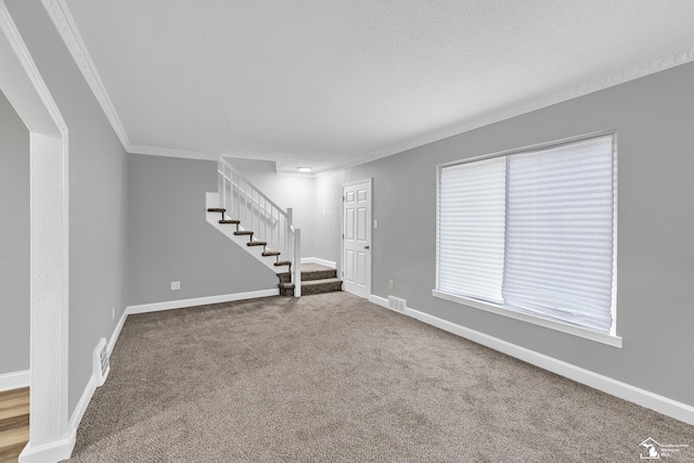 interior space featuring carpet, a textured ceiling, and crown molding