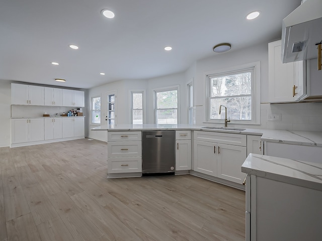 kitchen with tasteful backsplash, sink, stainless steel dishwasher, and white cabinets