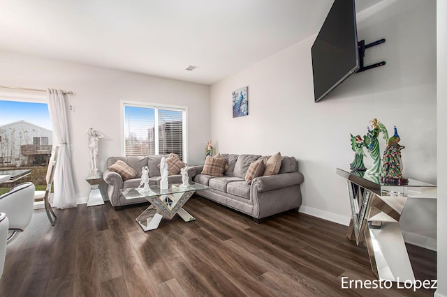 living room featuring dark wood-type flooring