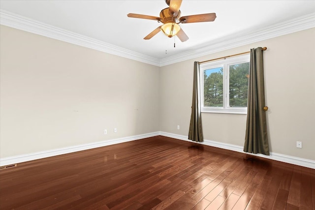 unfurnished room with hardwood / wood-style flooring, ceiling fan, and crown molding