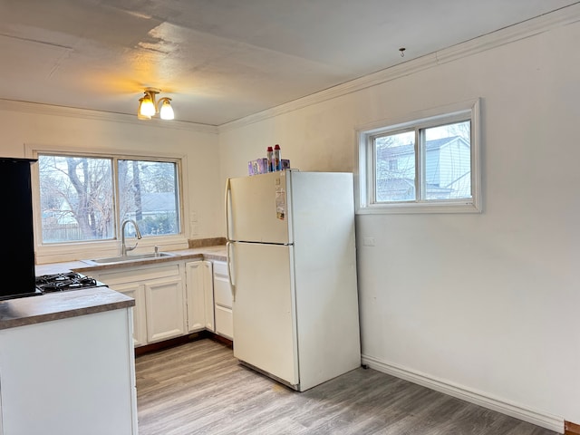 kitchen featuring a wealth of natural light, sink, white cabinets, and white refrigerator