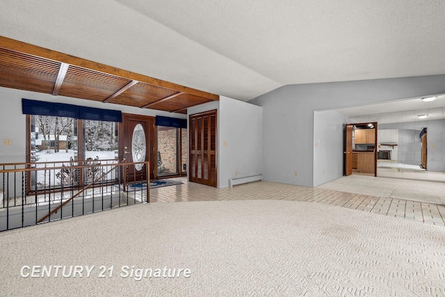 unfurnished bedroom featuring light carpet, a baseboard radiator, and lofted ceiling