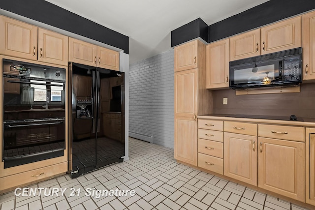 kitchen with black appliances, baseboard heating, and light brown cabinetry