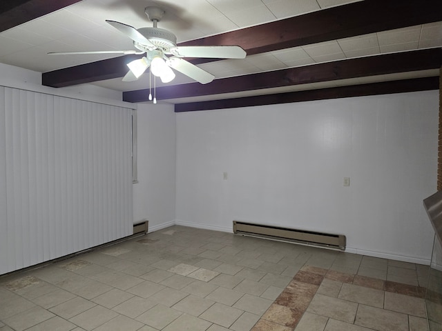 spare room with ceiling fan, beamed ceiling, light tile patterned floors, and a baseboard radiator