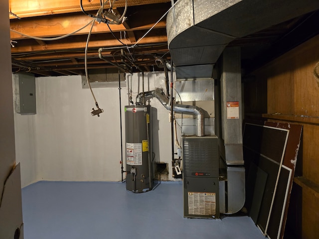 utility room featuring electric panel, water heater, and heating unit