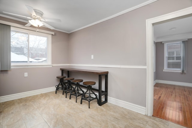 dining area featuring crown molding and ceiling fan