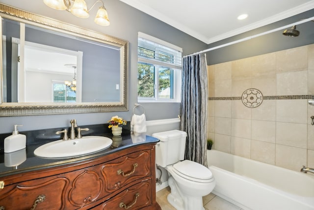 full bathroom with shower / tub combo, toilet, an inviting chandelier, crown molding, and vanity