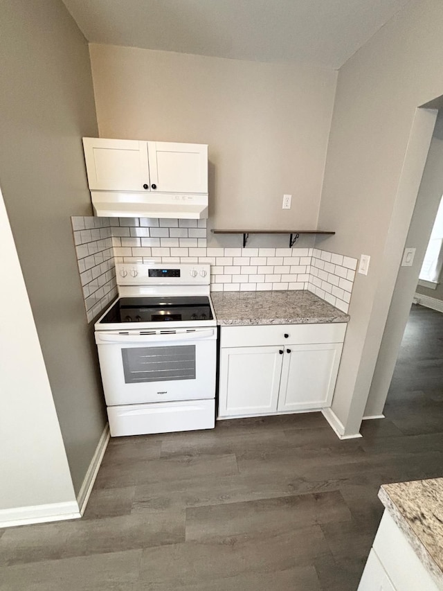 kitchen featuring tasteful backsplash, white cabinetry, dark hardwood / wood-style flooring, and electric stove