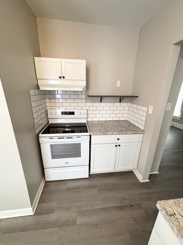 kitchen featuring electric stove, white cabinetry, dark hardwood / wood-style flooring, and tasteful backsplash