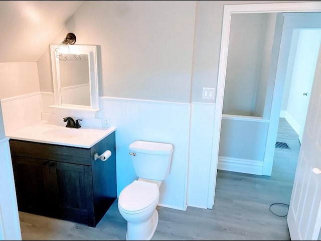 bathroom featuring vanity, wood-type flooring, and toilet