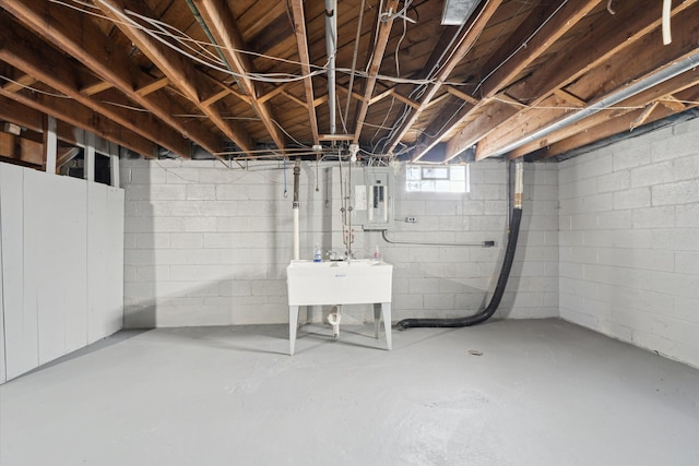 basement featuring sink and electric panel