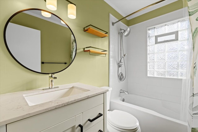 full bathroom with vanity, toilet, a healthy amount of sunlight, and shower / bath combination with curtain