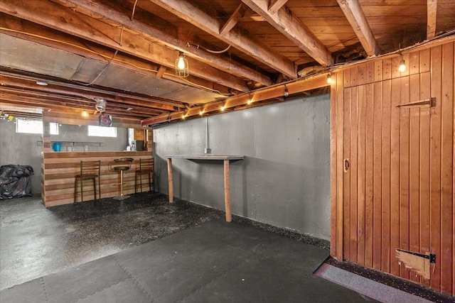 basement with wood walls