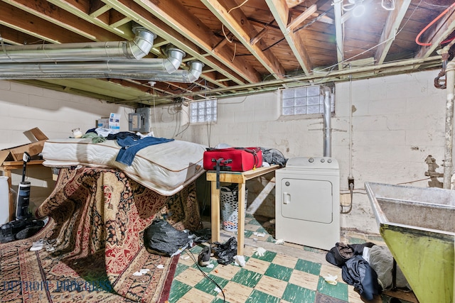 basement featuring washer / dryer, sink, and electric panel