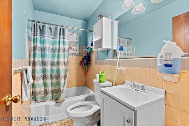 full bathroom featuring shower / bath combo, toilet, tile walls, and vanity