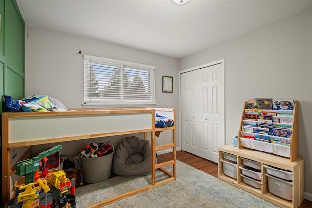 bedroom featuring wood-type flooring and a closet