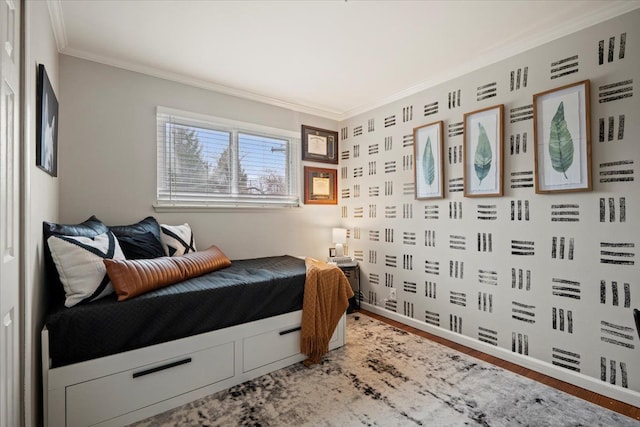 bedroom featuring hardwood / wood-style flooring and ornamental molding