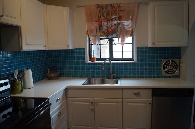 kitchen with white cabinetry, electric range, sink, tasteful backsplash, and stainless steel dishwasher