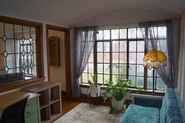 sitting room with hardwood / wood-style floors and vaulted ceiling