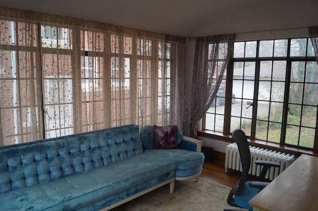 interior space with hardwood / wood-style flooring, lofted ceiling, and radiator heating unit