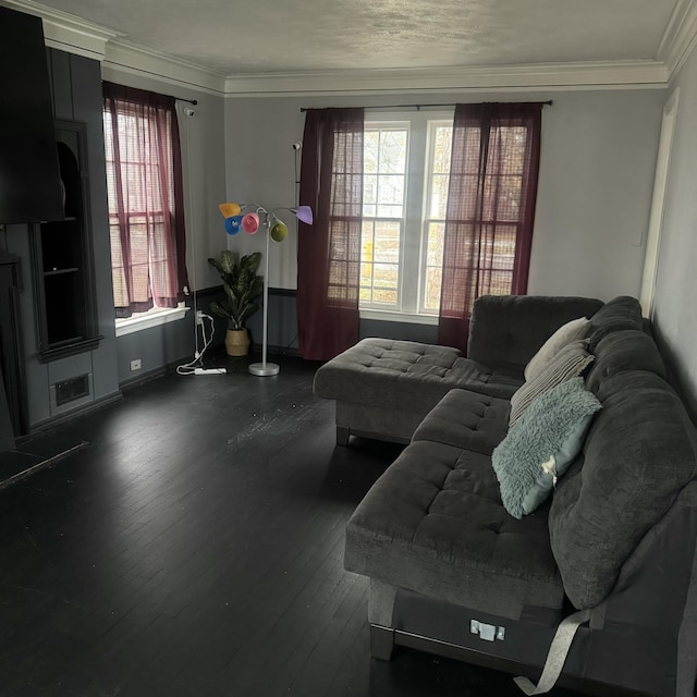 living room with dark hardwood / wood-style flooring